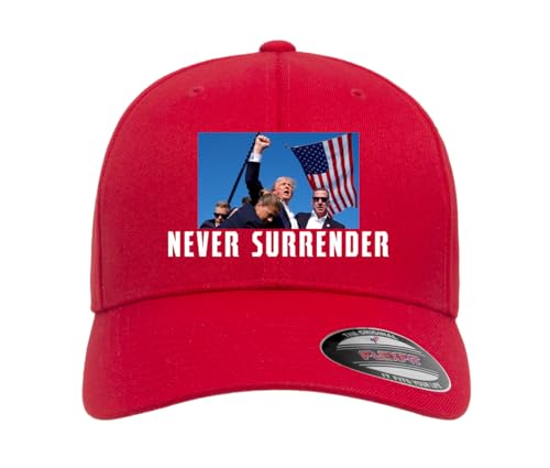 Never Surrender Trump Shooting 2024 Printed Red Flexfit Hat Curved Brim MAGA (US, Alpha, Large, X-Large, Red Curved)