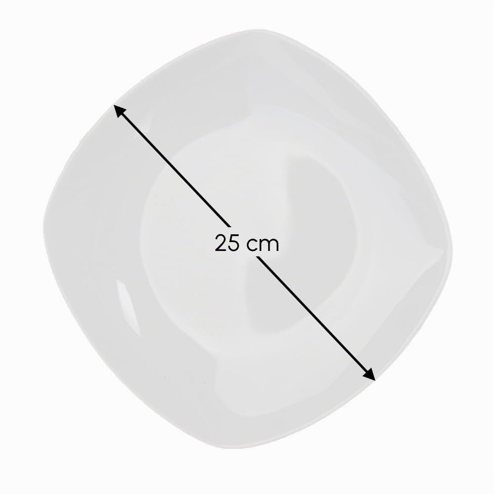 Juego de 12 platos llanos cuadrados en porcelana color blanco de 25 cm | Diseña tu propia vajilla moderna de 12 servicios. Su gran amplitud te permite servir los platos principales cómodamente.