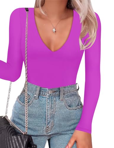 SAUNGKUAI Women's Plunge Deep V Neck Long Sleeve Bodysuit Double Lined Thong Body Suit Shirt Tops