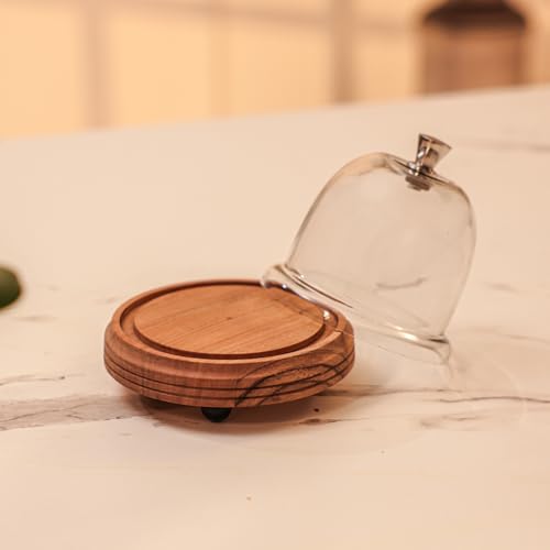 Image of Candy Glow Acacia Wood Cake Stand with Glass Dome - Wooden Cake Display Stand with Glass Cloche, Dessert & Cupcake Stand for Birthday & Celebrations