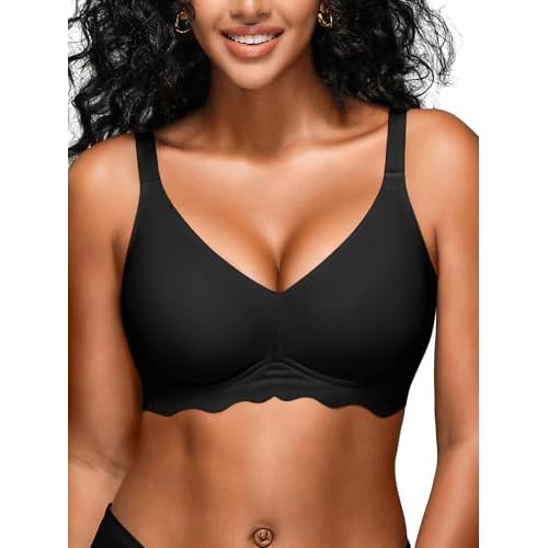Jelly Bras for Women No Underwire- S-2XL Wireless Seamless Bralette with Support, Full Coverage Padded T-Shirt Bra Black Large