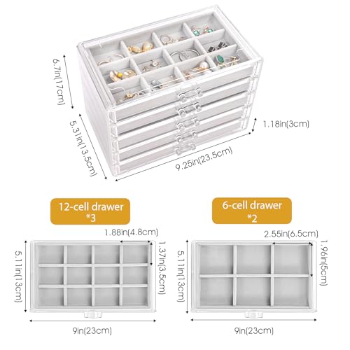 ProCase Earring Holder Organizer Jewelry Box with 5 Drawers, Acrylic Clear Earring Case with Adjustable Velvet Trays for Women - Grey, 5 Layers4