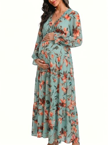Image of BLENCOT Womens Casual Boho Floral Printed V Neck Long Sleeve Long Maxi Dress Spring Summer Dresses