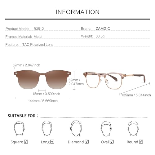 Blue Light Blocking Glasses with Polarized Clip On Sunglasses Lenses for Men Women Magnetic Multi-use Metal Frame Brown4