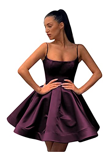 POMUYOO Spaghetti Strap Short Satin Homecoming Dresses for Teens A-line Cocktail Prom Gown with Pockets YG154