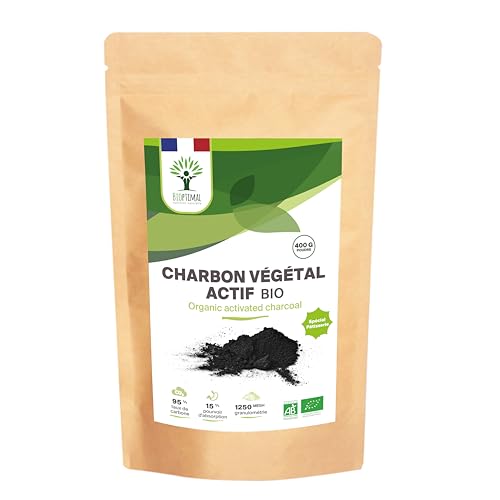 BIOPTIMAL - Charbon Végétal Actif Bio en Poudre Très Fine - Soluble et Comestible - Colorant Alimentaire Noir - pour Pâtisserie Cosmétique - Fabrication et Origine France - 400g
