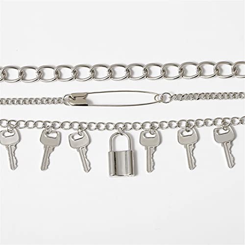3Pcs Punk Layered Key Lock Chunky Chain Choker Necklace Set Gothic Stacking Safety Pin Spike Rivet Collar Necklace For Men Women Boy Girl Hip Hop Rock Cool Adjustable Bar Party Jewelry-A3Pcs #TOP3