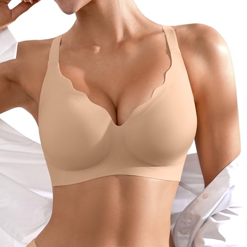 Seamless Wireless Bra for Women with Support - No Underwire Full Coverage Push Up Bras Deep Skin Medium