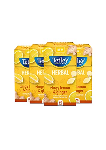 Tetley Zingy Lemon & Ginger Herbal Tea Bags - Naturally Caffeine-Free - Perfectly Balanced Citrus & Spice Infusion - Ideal for Relaxation - Rainforest Alliance Certified - 80 Teabags (4x20 Pack)