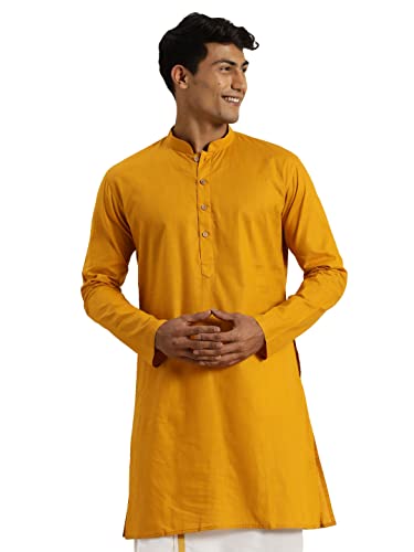 Image of VASTRAMAY Men Cotton Linen Solid Kurta | Cool & Breathable Ethnic Wear with Mandarin Collar for Eid, Holi & Festive Occasions