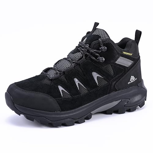Queday Mens Womens Leather Waterproof Black Hiking Boots Lightweight Outdoor Walking Shoes Breathable Suede Hike Trekking Trails Camping Climbing Size 38
