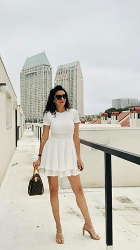 Image of Womens Summer Mini Dresses Short Sleeve Casual Crewneck Knitted Crochet Flowy Tiered Sundress