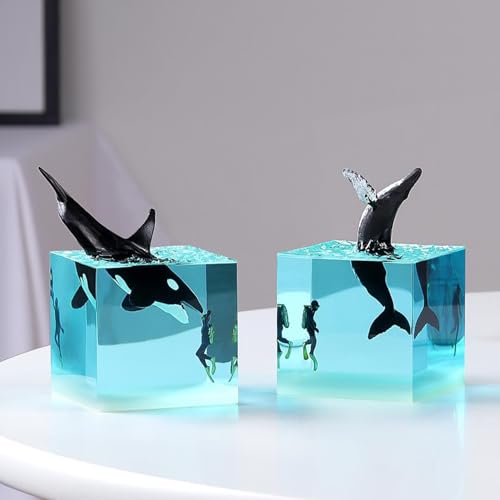 Tuzsocr 3D Epoxy Resin Lamp,LED Whale Night Light,Sea Diver and Shark Cube Lamp,Realistic Ocean Animals Sculpture,Whale Model with Woodern Base 70mm,Unique Style Gift for Ocean Lovers (Style 1 + Base) - Image 4