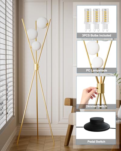 Image of Lightdot Tripod Floor Lamp Stepless Dimmable Globe Modern Floor Lamp Gold Standing Lamps with Stable Base& 3PCS 3000K Bulbs Included Mid Century Floor Lamps for Living Room /Sofa Beside /Corner Decor