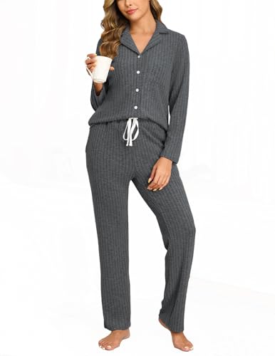 Image of Veseacky Women's Ribbed Knit Pajamas Set 2 Piece Warm Soft Loungewear Sleepwear Pjs S-XXL