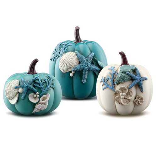 Wesiti 3 Pcs Coastal Pumpkin Decor 10 Inch Blue Resin Ocean Beach Pumpkin Figurine Large...