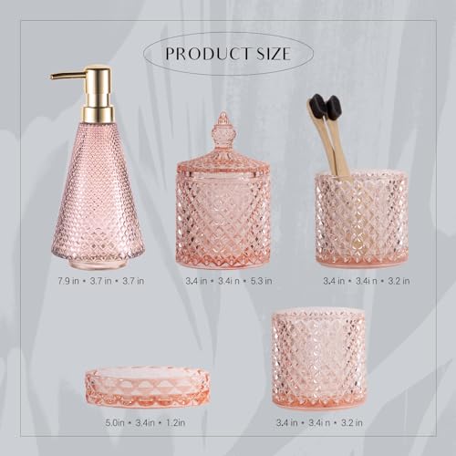 EMPO 5Pcs Diamond Glass Bathroom Accessories Complete Set, Triangle Vintage Lotion Dispenser, Soap Dish, Toothbrush Holder, Tumbler, Cotton Swab Jars, Modern Decor, Housewarming Gift Set (Fresh Pink) by EMPO - Image 5