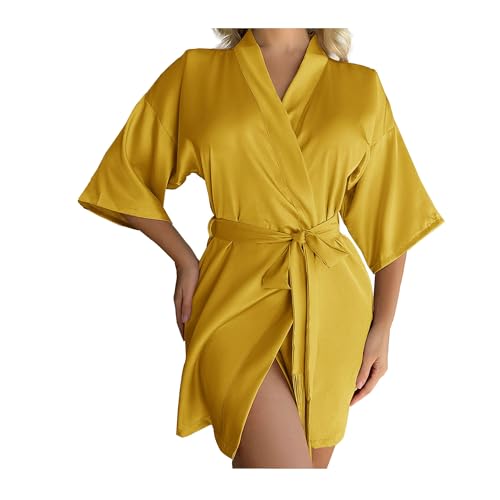 Women's Satin Kimono Robe Sexy Solid Color Shower Spa Robes Slip Silky Bathrobe Kimono Bridesmaid Dressing Gowns Yellow