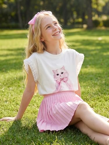 Image of Girls Ruffle Sleeves Shirt Cat Graphic Tee Cute Summer Short Sleeve Top for Teens 6-16Y