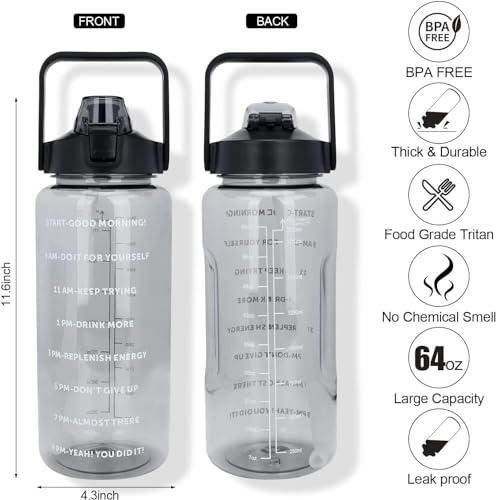 Image of 2 L Capacity Water Bottle Transparent Motivational Water Bottles with Time Marker Leak proof & break-proof With straw,3D Sticker,2D Stickers, Bottle cleaner Brush (Black)