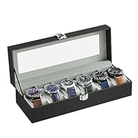 SONGMICS JWB06BK Uhrenbox mit 6 Fächern, Schatulle, mit Glasdeckel, abnehmbare Polster, Schloss aus Metall, schwarz beschichtet und Futter in Grau