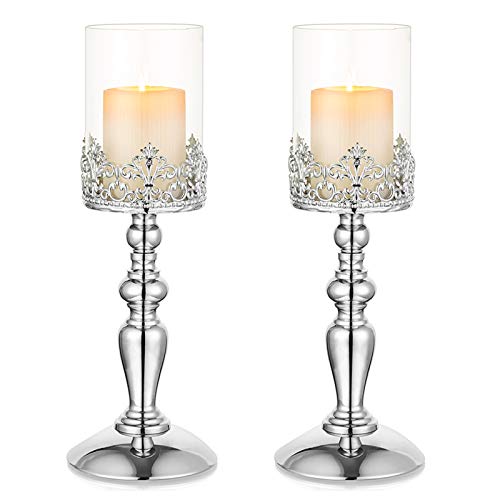 NUPTIO 2 Pièces Argenté Pilier Bougeoir avec Verre, Bougeoirs Ouragan, 32cm Haut Bougeoir pour Anniversaire Mariage Pendaison Crémaillère Table de Fête Noël Cheminée Centres de Table Fête de Noël