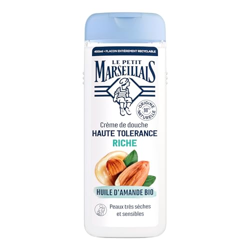 Le Petit Marseillais | Crème de Douche Haute Tolérance Riche Huile d’Amande Bio (flacon de 400 ml) – 98% d'ingrédients d'origine naturelle – Gel douche pour peaux très sèches et sensibles