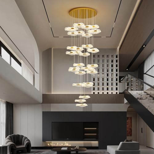Image of ziidoo High Ceiling Chandelier - 32-Light Dimmable Modern Gold Long Spiral Luxury Linear Lotus Leaf Led Lamp Hanging Pendant Lights for Foyer Enterway Staircase Villas