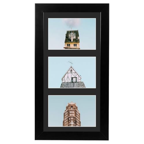 Golden State Art 7x14 Wood Frame for Three 4x6 Picture - Black with 3-Opening Black Mat Color - Portrait or Landscape Wall Mounting - Sturdy and Easy to Install - Real Glass Front (Black, Wood)