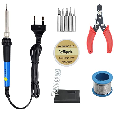 Image of Hillgrove 60W Temperature Controlled Soldering Iron Kit with Solder Wire and Interchangeable Tips Conical Flat Pointed Round for Electronics Repair DIY Professional Use (5-in-1)