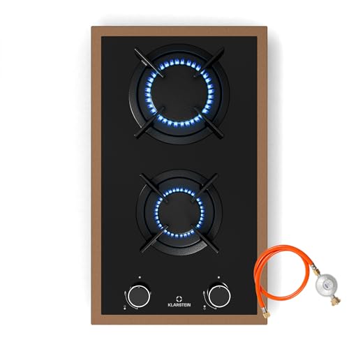 Klarstein Lumiflame Gaskochfeld, 2-Brenner Kupferrahmen & Glasoberfläche, 4,2 kW Leistung, Elektrische Selbstzündung & Flammensicherung, Gusseiserne Topfträger, LPG/Erdgas Umrüstsatz Inkl.