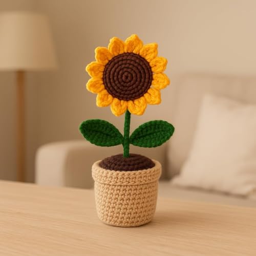 Image of Handmade Crochet Sunflower Pot - Eco-Friendly Knitted Flower Plant for Home Decor, Cute Crochet Flowers for Office Desk, Table Decor & Gift Item (White)