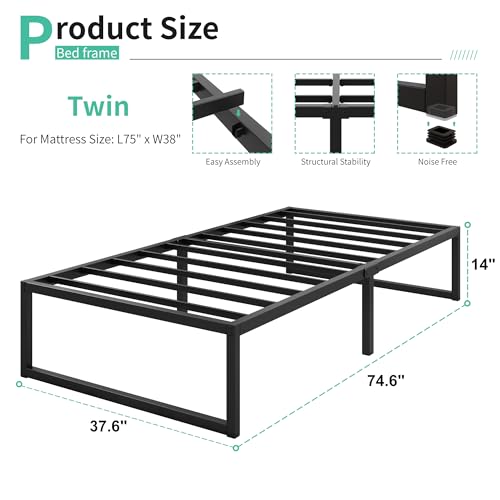 Lutown-Teen LTT-01T 14 Inch Twin Bed Frames Heavy Duty Metal Twin Size Platform Bed Frame No Box Spring Needed thumb #1