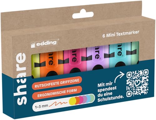 share Mini subrayador, juego de 6 unidades, en colores pastel y neón, punta biselada de 1-3 mm, zona de agarre ergonómica para marcar rápidamente textos, notas, cuadernos escolares, rellenables
