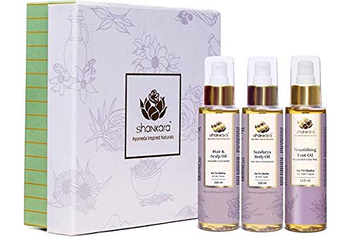 Shankara Head to Toe Oil with Avocado and Coriander (110ml), Sundarya Body Oil with Pure Essential Oils of Aloe Vera & Sandalwood (100ml), and Nourishing Foot Oil with Peppermint & Tea Tree (110ml) - Combo Pack of 3 for Holistic Skincare