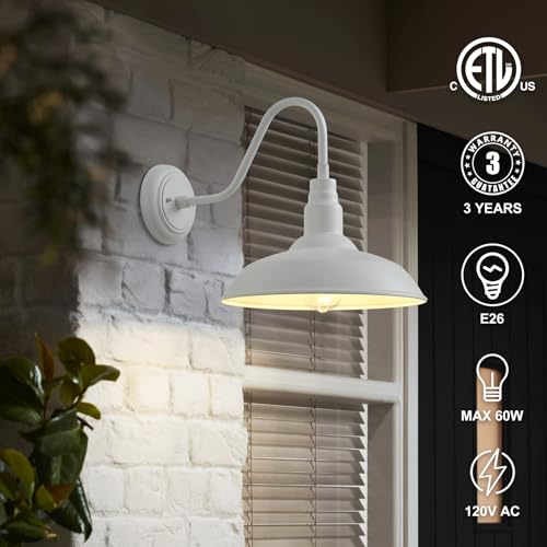 Image of 2 Pack 14in Barn Gooseneck Lights for House, White Outdoor Farmhouse Wall Light Fixture for Porch, Exterior Patio Wall Sconce for Front Door, Garage