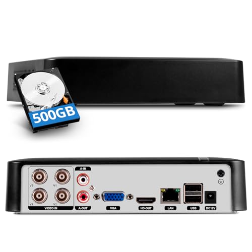 TOWODE 4CH CCTV DVR Recorder with 500G HDD 4 Channel 1080p H.265+ Hybrid 6-in-1 Home Surveillance Wired DVR for HD-AHD/IP/CVBS/TVI/CVI Analog Security Camera AI Human Detectio Mobile APP & PC Remote