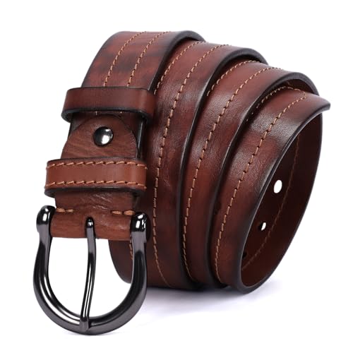 Image of Mens Belts Soft Italian Vegetable Tanned Leather Cowboy Casual Jean Belt 1.5 Wide 7 Holes Gift Box Packaging