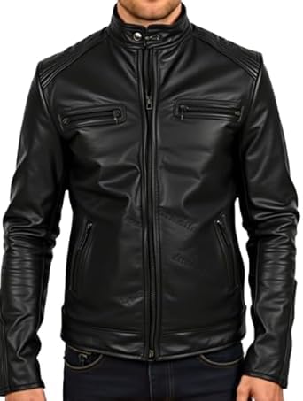 Veste de motard en cuir noir pour homme coupe ajustée et col montant intemporel
