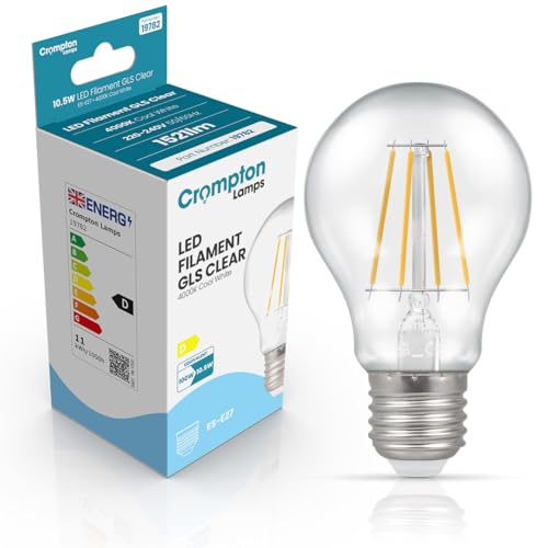 Crompton Lamps Filament GLS LED Light Bulb ES-E27 | 10.5W = 100W Equivalent | Cool White 4000K | Energy Efficient | Edison Screw Lightbulb | Long Life 15,000-Hrs | Clear Glass