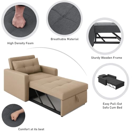 Image of Sleepify Tressia 1 Seater Pull-Out Premium Fabric Sofa Cum Bed Sofa Set for Living Room (Beige Fabric)