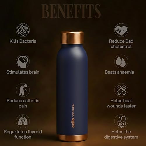 Image of CELLO Evita Copper Water Bottle For Daily & Office Use 700 ml, Blue | Leakproof & Rustproof ISI Certified Single Wall 100% Pure Copper Promotes Immunity, Improve Digestion & Supports Healthy Living