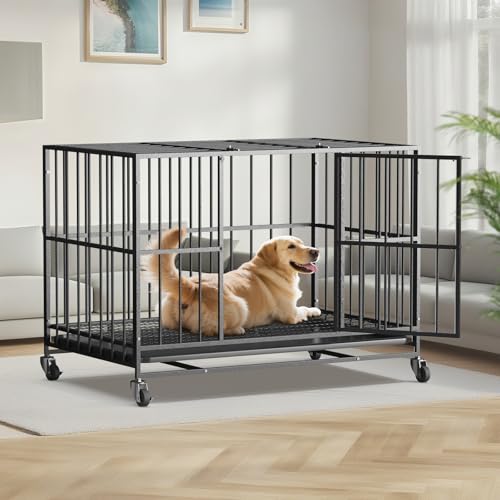 48 Inch Heavy Duty Dog Crate Steel Escape Proof, Indoor Double Door High Anxiety Cage, Removable Tray, Large Dog Kennel with Wheels,XL XXL - Image 7