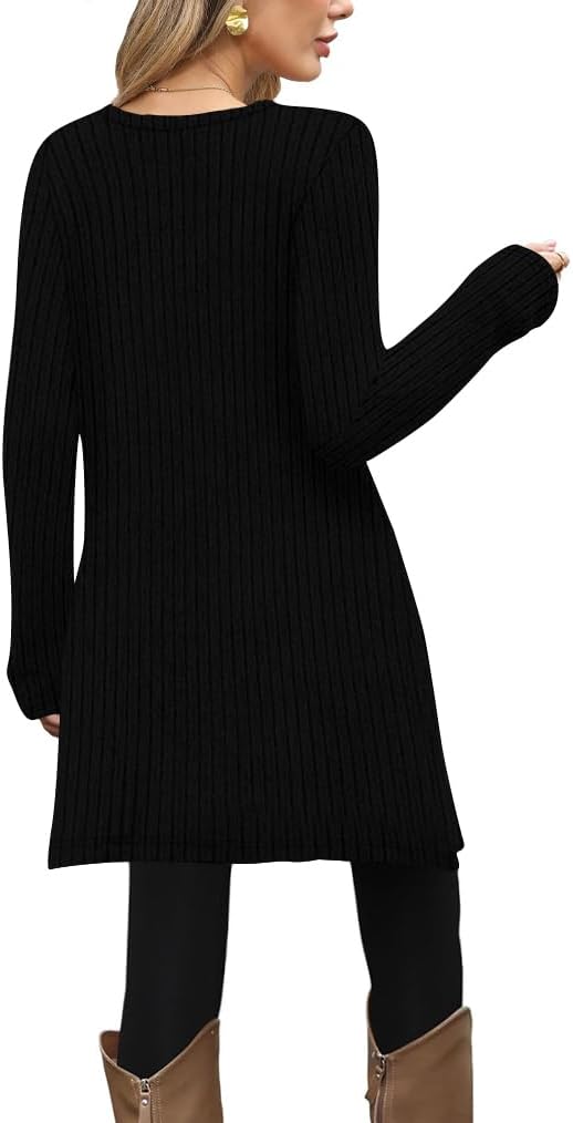 Poetsky Women Long Sleeve Tunic Tops to Wear with Leggings Side Buttons Long Shirts Rib Sweater Dress with Pockets S-3XL - Image 2