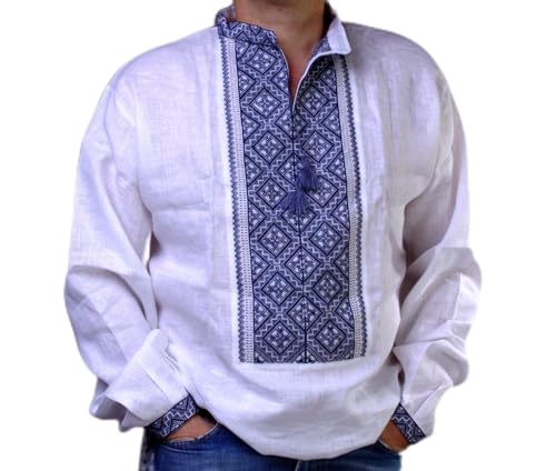 Rushnichok Vyshyvanka Men Shirt Ukraine Handmade White Linen Gray Embroidered Ukrainian Gift