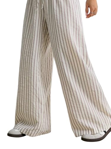 SOLY HUX Women's Striped Pants Tie Front Elastic Waist Wide Leg Pants Baggy Long Trousers3