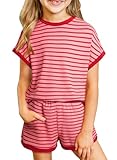 blibean Tween Girls Summer Clothes Sets Big Kids Striped Short Sleeve Outfits Teen Trendy Two Piece Clothing Athletic Matching Dress Shirt Shorts Easter Rompers Size 8-9 Years Old Red
