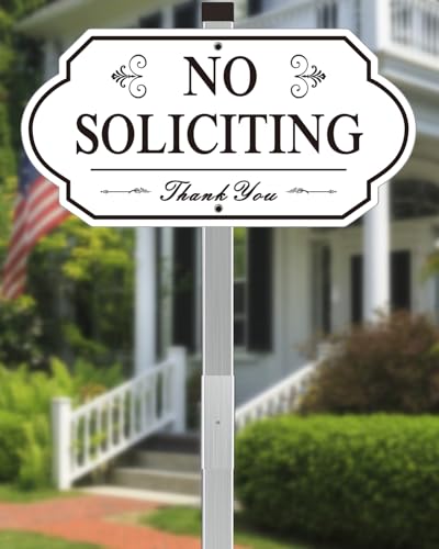 Image of Heavy Duty No Soliciting Sign for House - All Metal Construction No Soliciting Yard Sign - 14 inch x 7 inch - Aluminum - with 28 inch Long Stake (BLACK and WHITE)