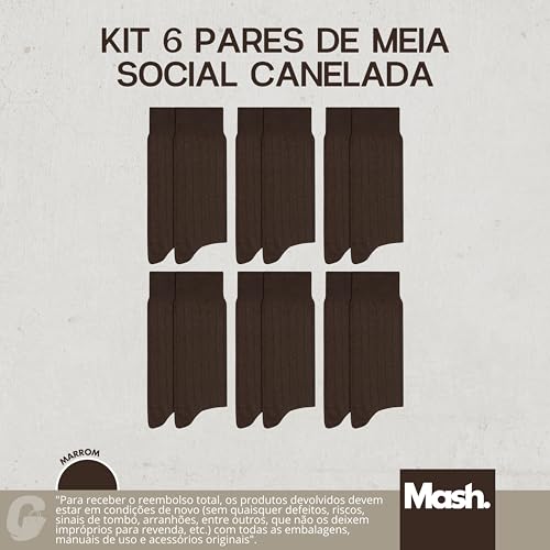 MASH Kit 6 Pares Meia Social Canelada Cano Longo Masculina Adulto Algodão Poliamida, 6 Marrom, 39-43