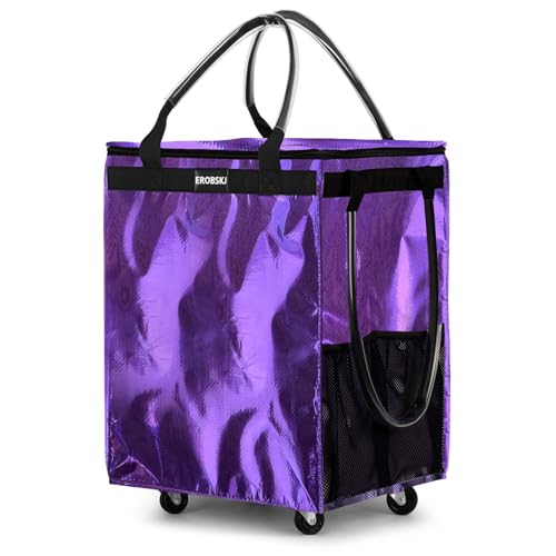 EROBSKJ (Medium Light Purple) Reusable Grocery Bag on Wheels 70L Foldable Rolling Tote Carries Up to 66 lbs Shopping Trolley Zipper Clouser Shopping Carts for Trips Laundry Camping Moving